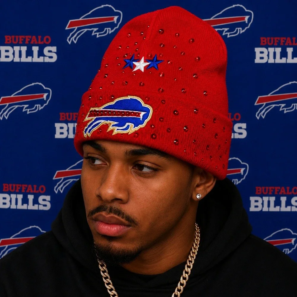 Buffalo Bills Beanie Red design‎ with logo-gold trimming, stars, rhinestones